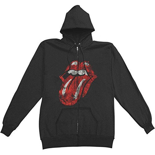 The Rolling Stones Men'S Rolling Stones Distressed Tongue Zip-Up Hoodie, Black, Large